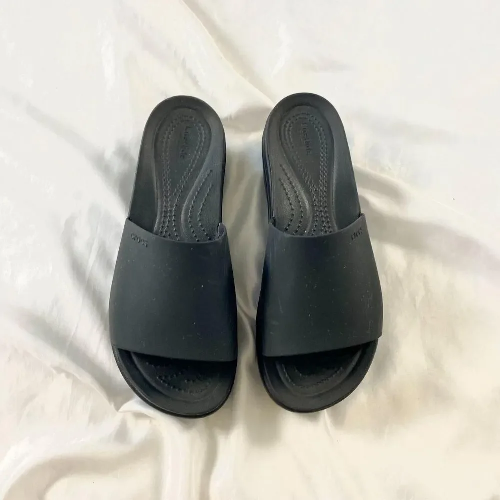 Chunky Black Crocs Platform Slide Sandals 208728 Brooklyn Slide US 7 W Wide Fit